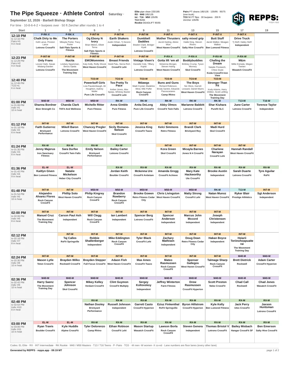 Athlete control sheet, Summit Games 2026, The Pipe Squeeze